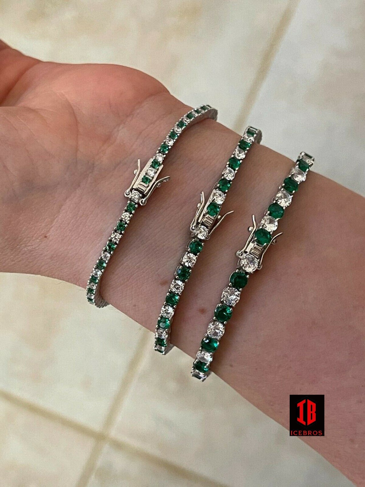 Tennis Bracelet SOLID 925 Sterling Silver Single Row Diamond & Green Emerald