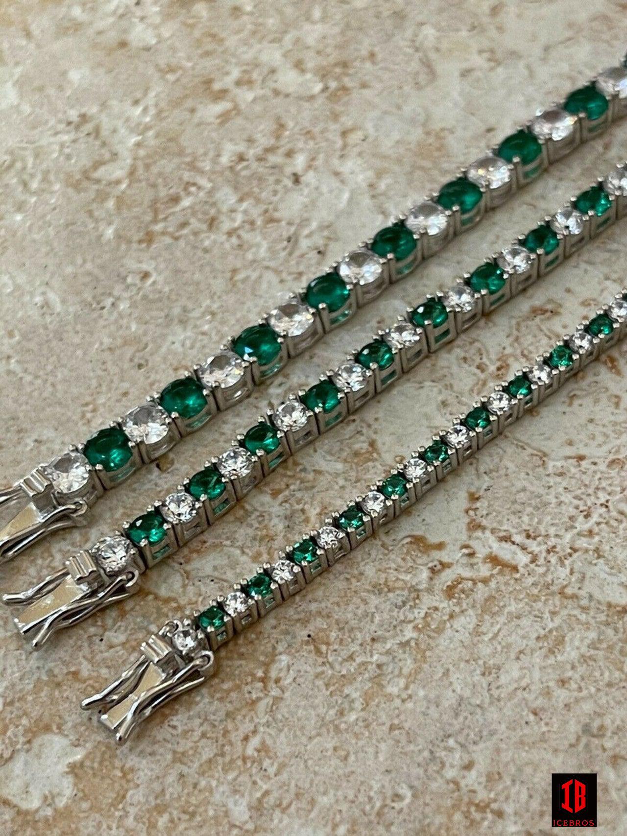 Tennis Bracelet SOLID 925 Sterling Silver Single Row Diamond & Green Emerald