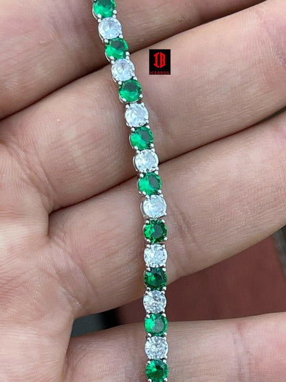 Tennis Bracelet SOLID 925 Sterling Silver Single Row Diamond & Green Emerald