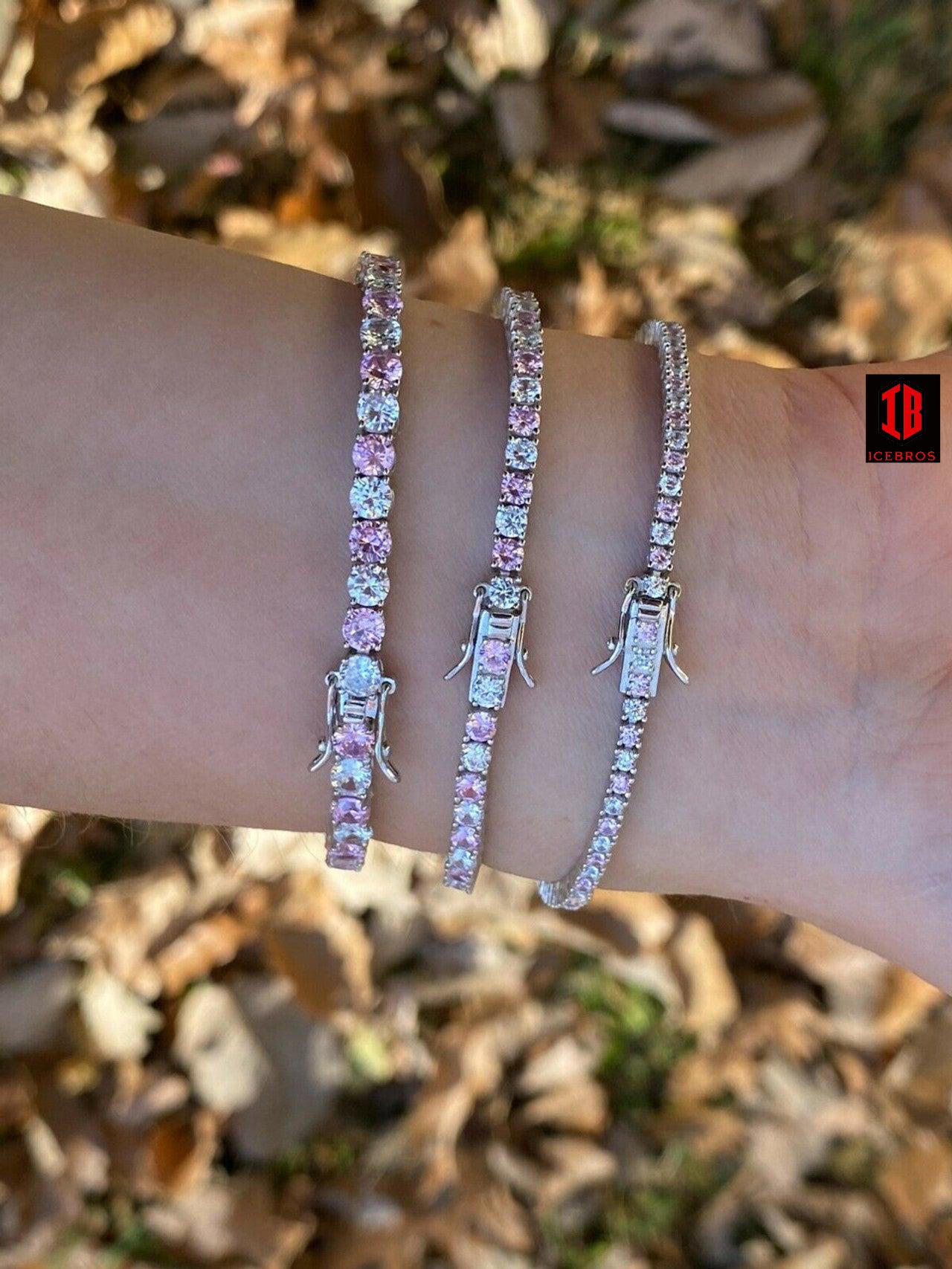 Tennis Bracelet SOLID 925 Sterling Silver Single Row Diamond & Pink Sapphire