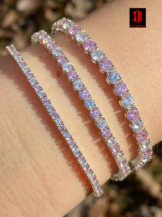 Tennis Bracelet SOLID 925 Sterling Silver Single Row Diamond & Pink Sapphire