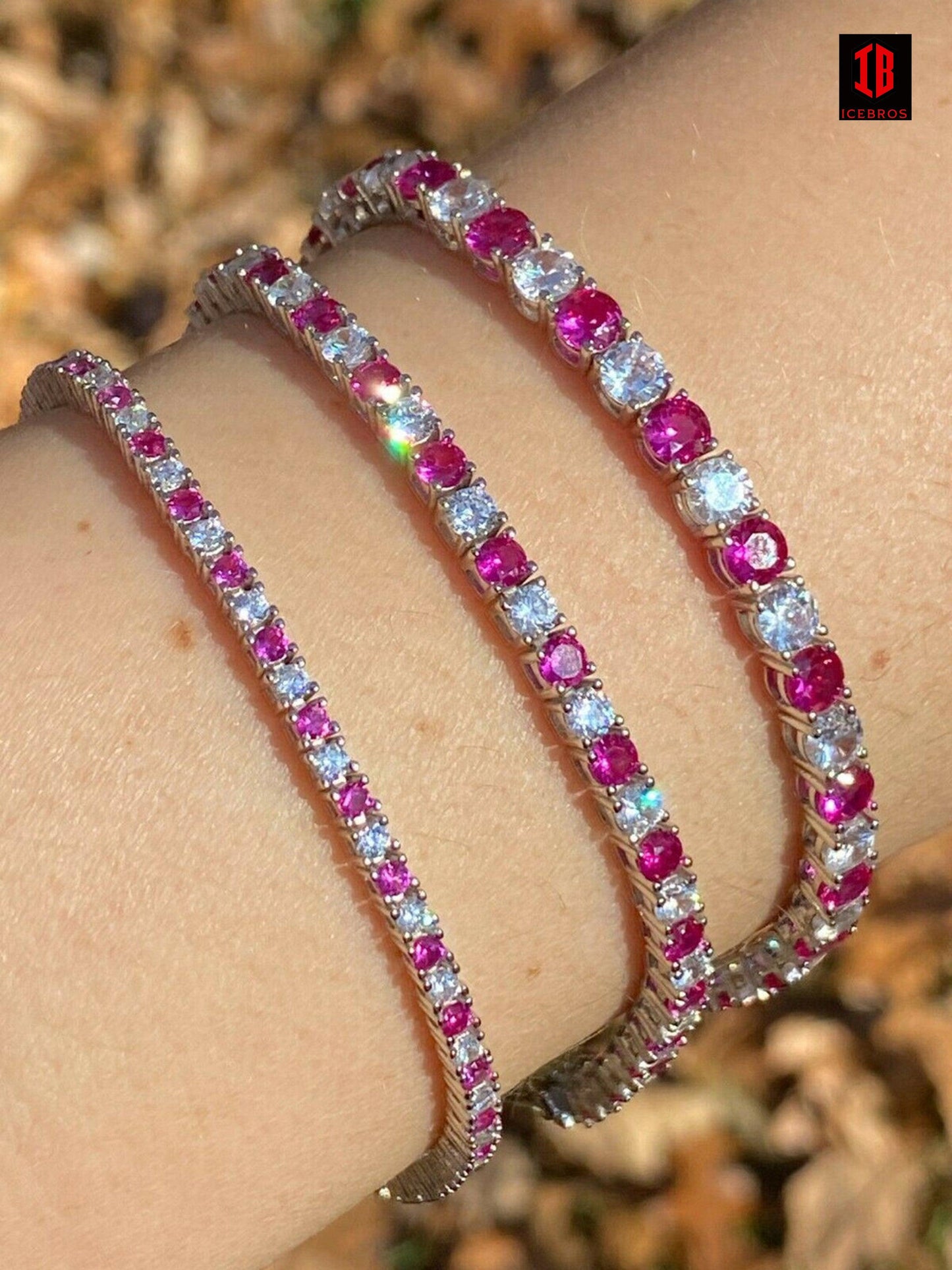 Tennis Bracelet SOLID 925 Sterling Silver Single Row Diamond & Ruby 2-4mm 6-8inch