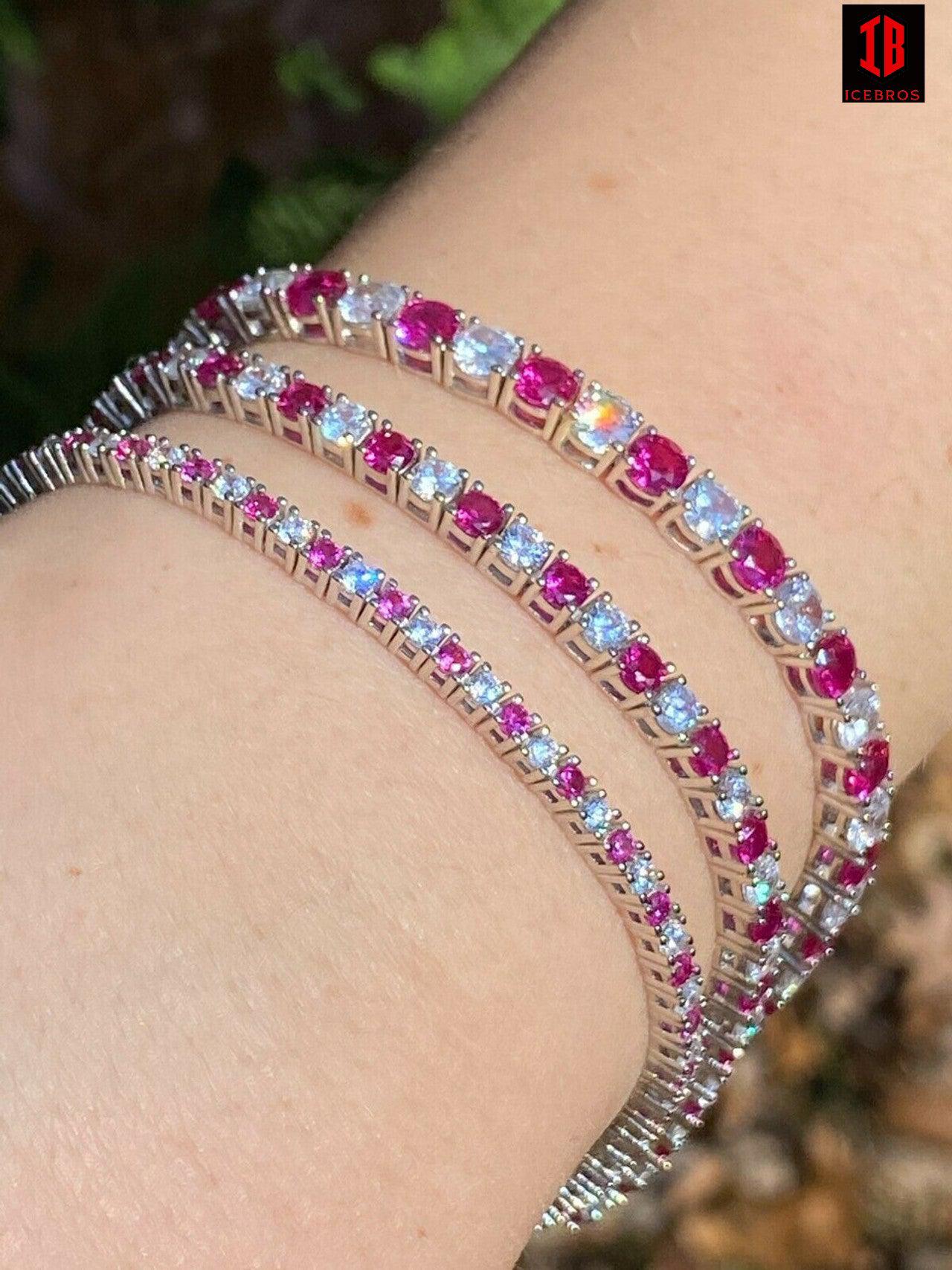 Tennis Bracelet SOLID 925 Sterling Silver Single Row Diamond & Ruby 2-4mm 6-8inch