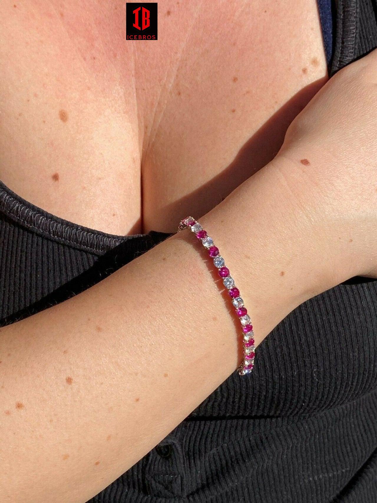 Tennis Bracelet SOLID 925 Sterling Silver Single Row Diamond & Ruby 2-4mm 6-8inch