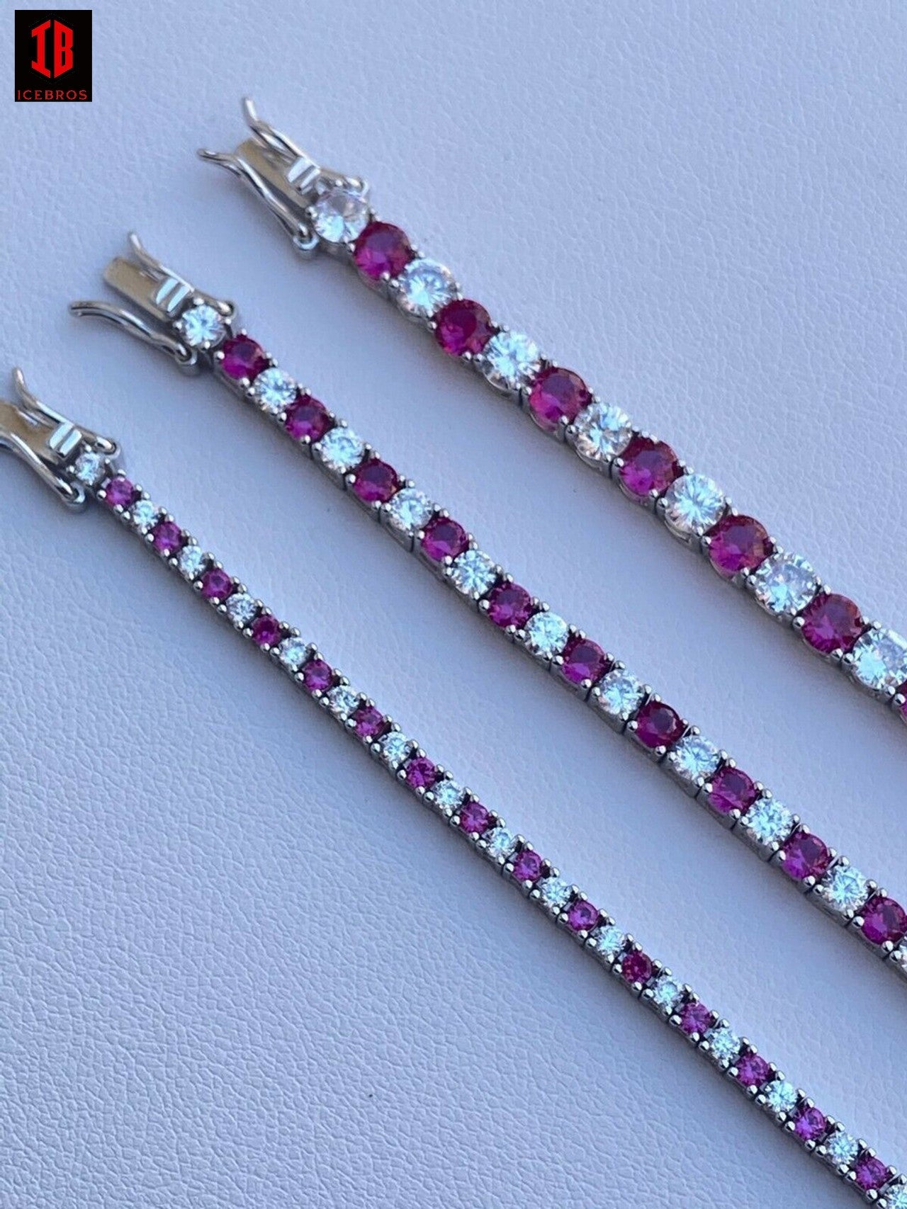 Tennis Bracelet SOLID 925 Sterling Silver Single Row Diamond & Ruby 2-4mm 6-8inch