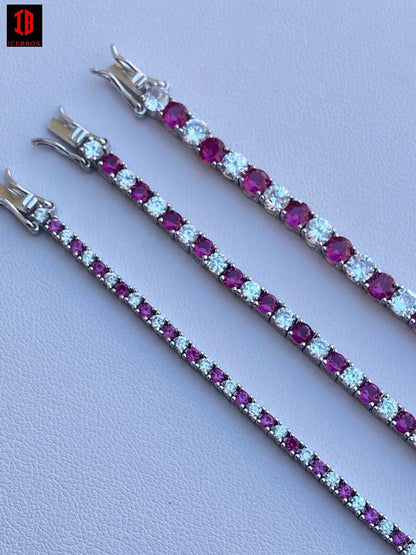 Tennis Bracelet SOLID 925 Sterling Silver Single Row Diamond & Ruby 2-4mm 6-8inch