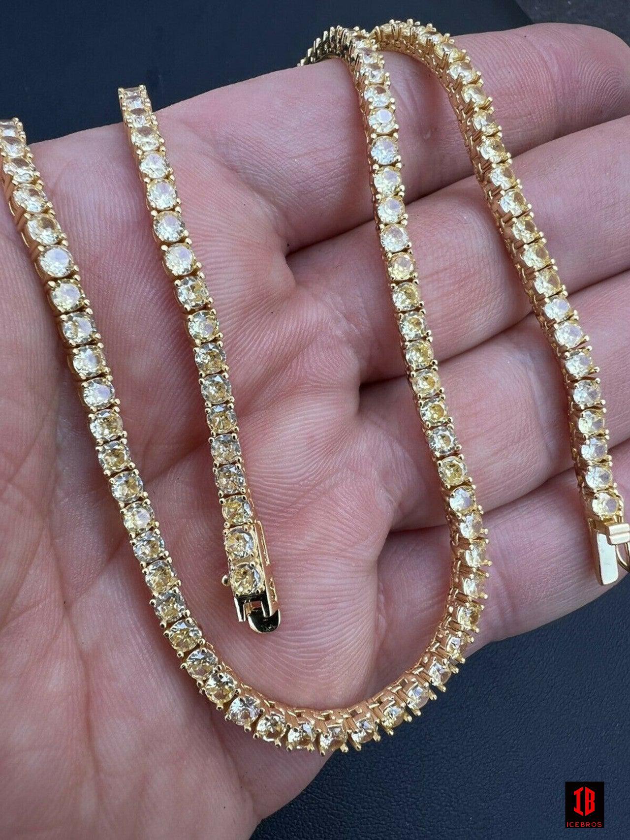 Tennis Chain Iced 14k Gold Vermeil 925 Silver Yellow Canary CZ Necklace 3mm