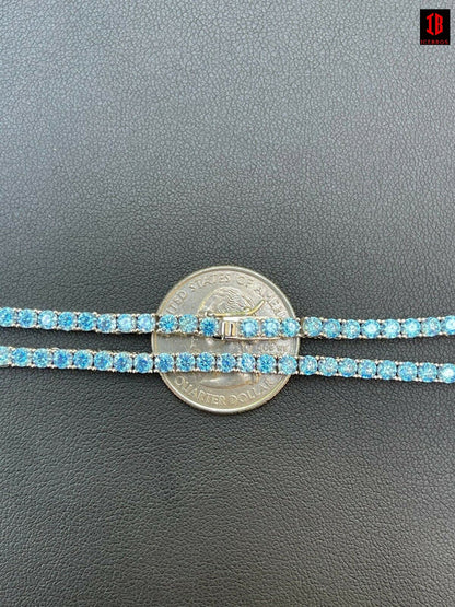 Tennis Necklace Fine 925 Sterling Silver Aquamarine Blue Diamond Necklace