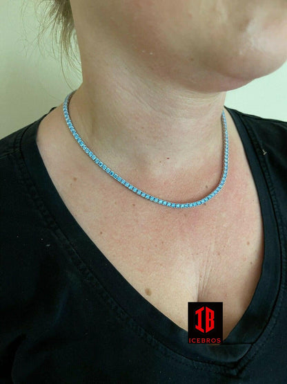 Tennis Necklace Fine 925 Sterling Silver Aquamarine Blue Diamond Necklace
