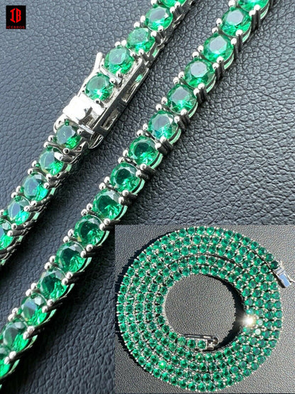 Tennis Chain Fine 925 Sterling Silver Green Emerald Diamond Necklace 16-28inch 3mm