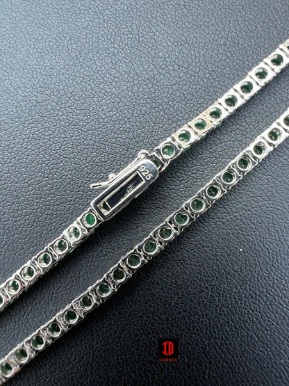 Tennis Chain Fine 925 Sterling Silver Green Emerald Diamond Necklace 16-28inch 3mm