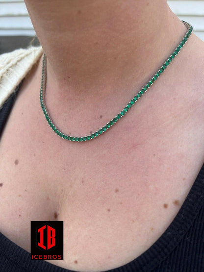 Tennis Chain Fine 925 Sterling Silver Green Emerald Diamond Necklace 16-28inch 3mm