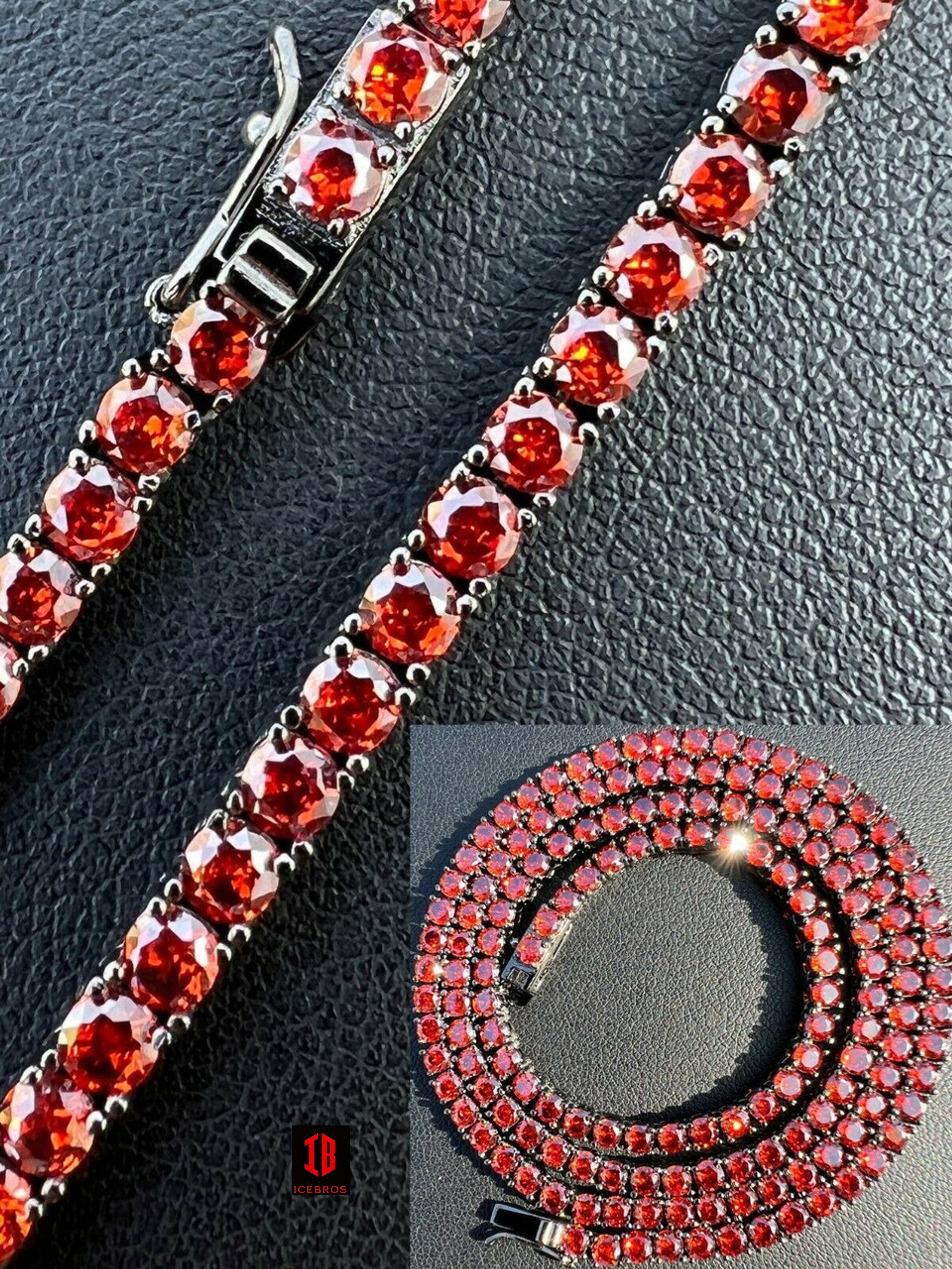 Tennis Chain Real 925 Sterling Silver Red Ruby Diamond Necklace 16-28