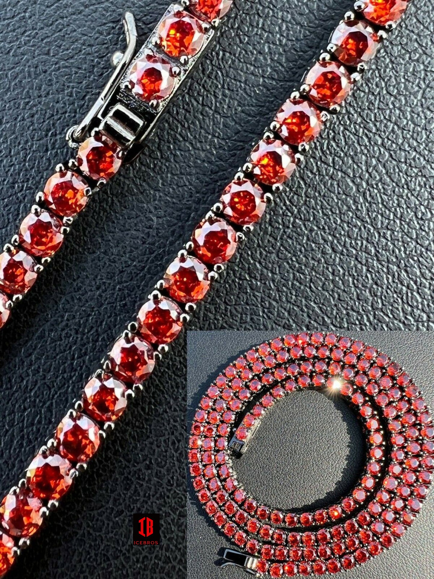 Tennis Chain Fine 925 Sterling Silver Red Ruby Diamond Necklace 16-28" 3mm Iced