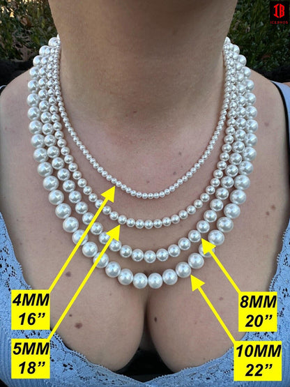 Women Wearing Different Sizes of White Gold Cultured Pearl Necklace 