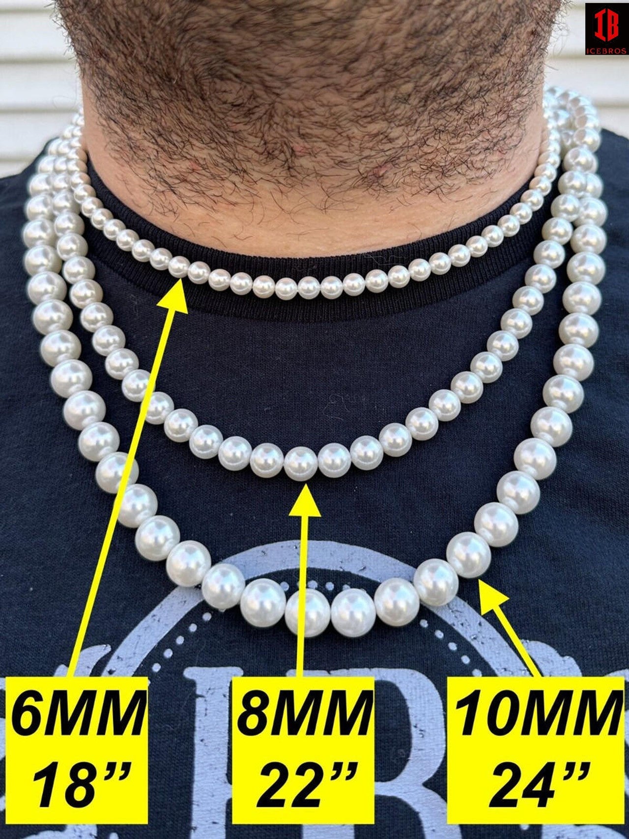 Men's  Wearing Different Sizes of White Cultured Pearl